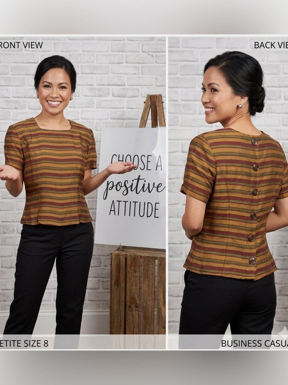 Vintage Positive Attitude Petite Stripe Button Back Blouse 8P